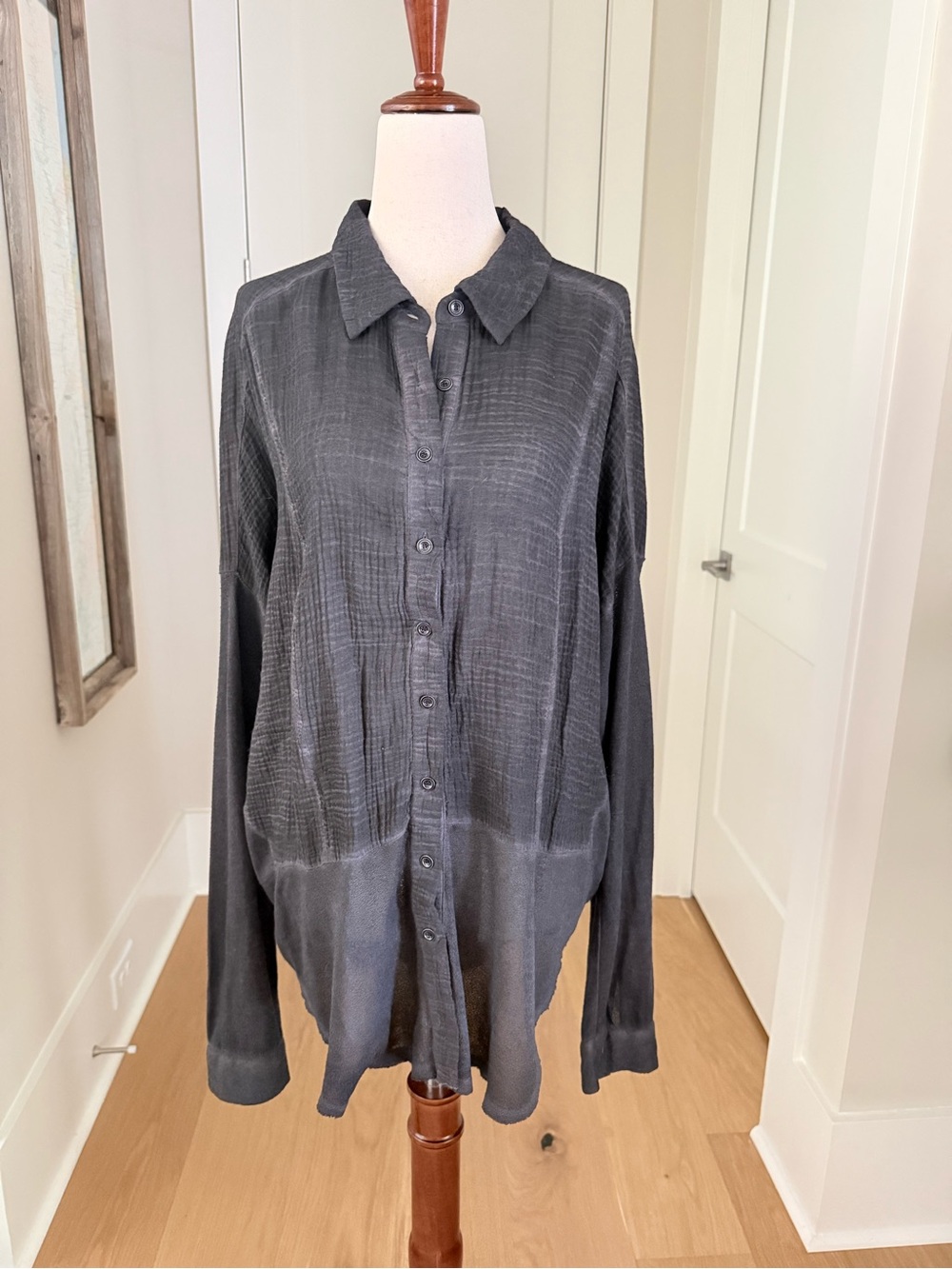 Free People True Affection Gauze Button Down Shirt In Charcoal Grey Large